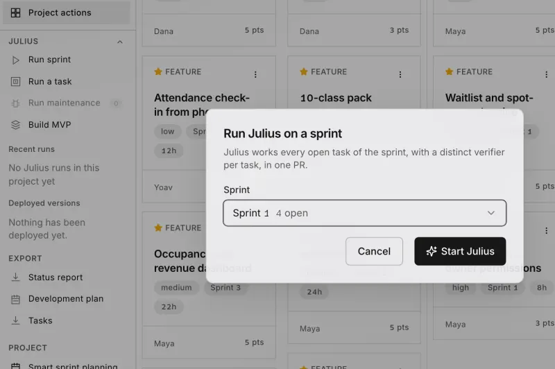 An example project’s task board with the “Run Julius on a sprint” dialog