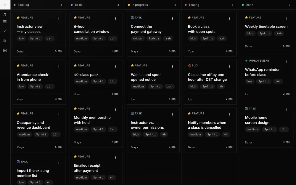 The example project’s task and sprint board
