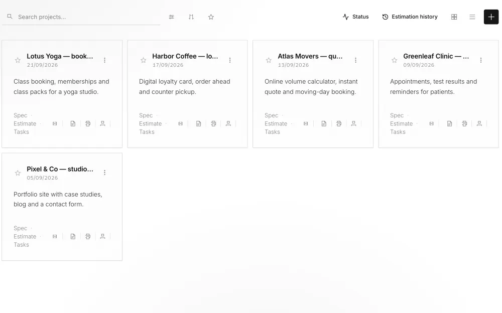 The project list in Mifrat with five client projects — example data