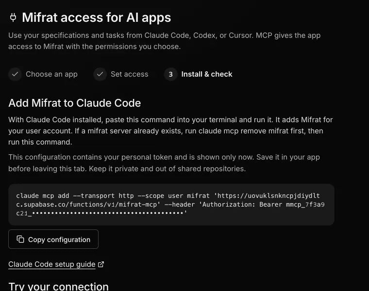 The “Mifrat access for AI apps” settings screen with the Claude Code connect command