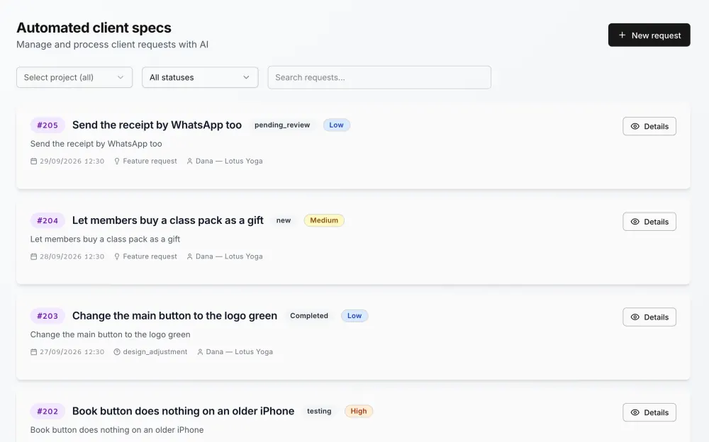A client hub with requests and their statuses — example project